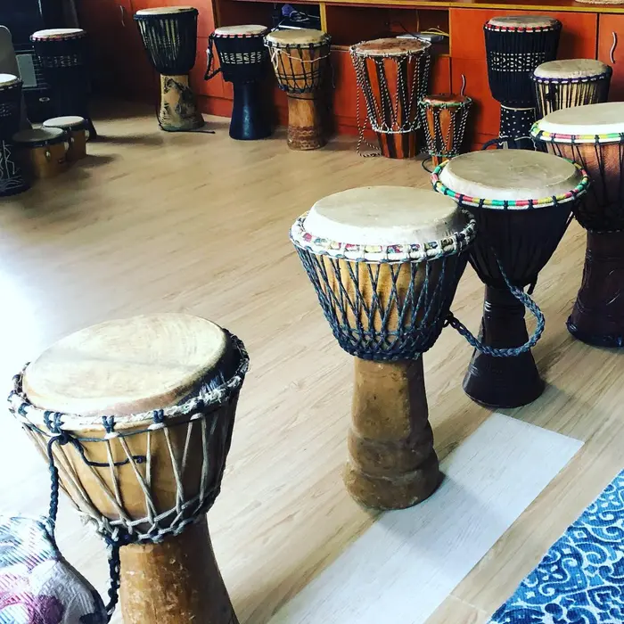 Djembe drums ready for a group music therapy session